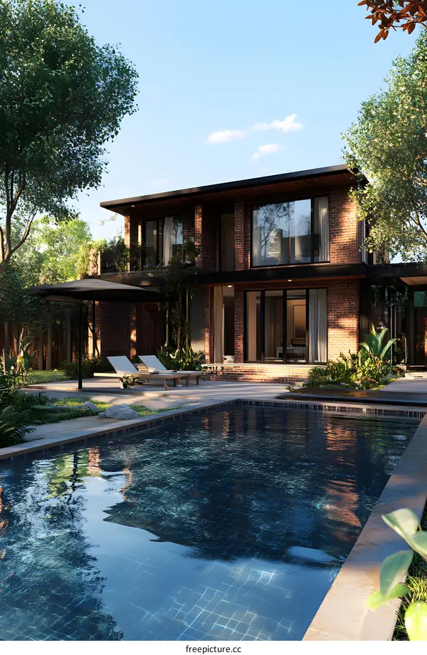 Modern Brick House with Swimming Pool and Lush Greenery
