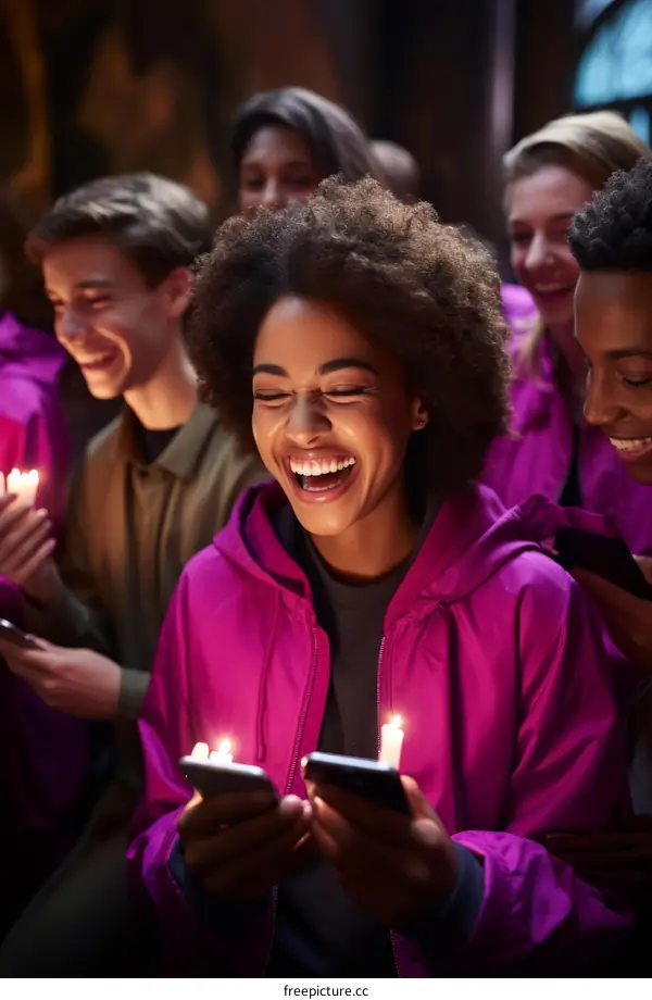 Group of diverse young people holding candles and laughing while looking at their phones in celebration
