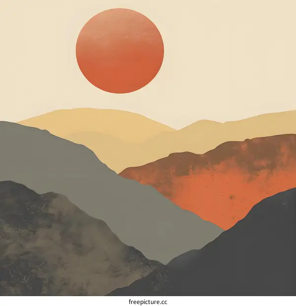 Abstract Minimalist Mountain Landscape Illustration with Sunset