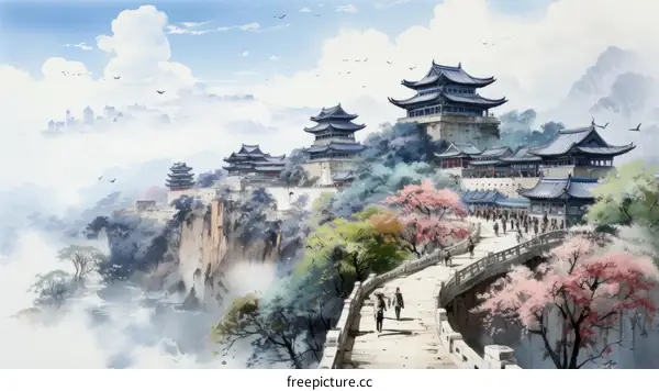 An illustration of a Chinese mountain village with people walking on a bridge