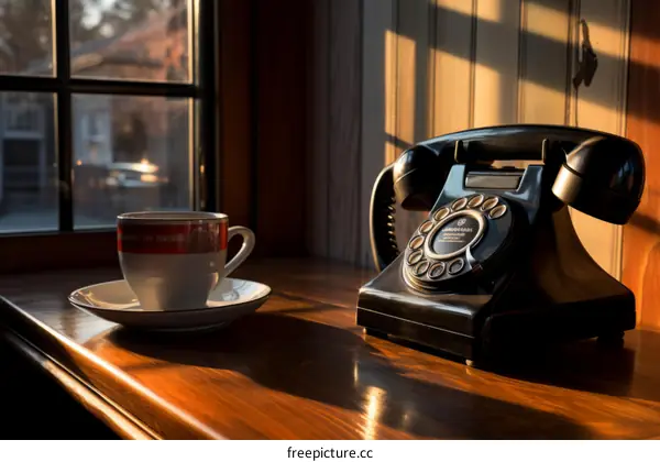 Black rotary dial telephone and teacup on a wooden table bathed in warm sunlight