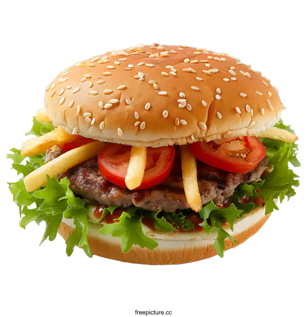 [Transparent Background PNG]hamburger with french fries and tomato