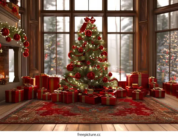 A festively decorated Christmas Tree with presents