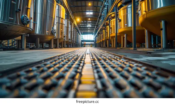 Stainless Steel Vats and Pipes in a Modern Factory