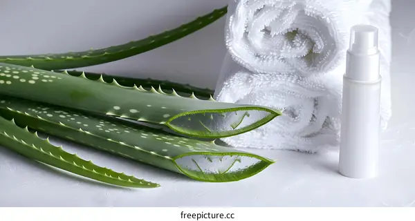Aloe Vera Plant and White Towel with a Bottle of Lotion