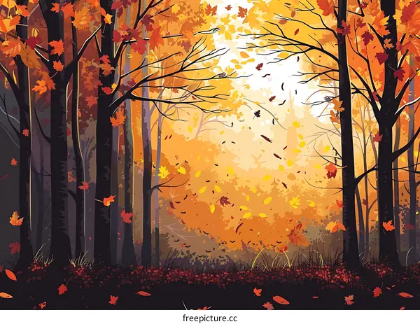 Autumn Forest Landscape with Falling Leaves