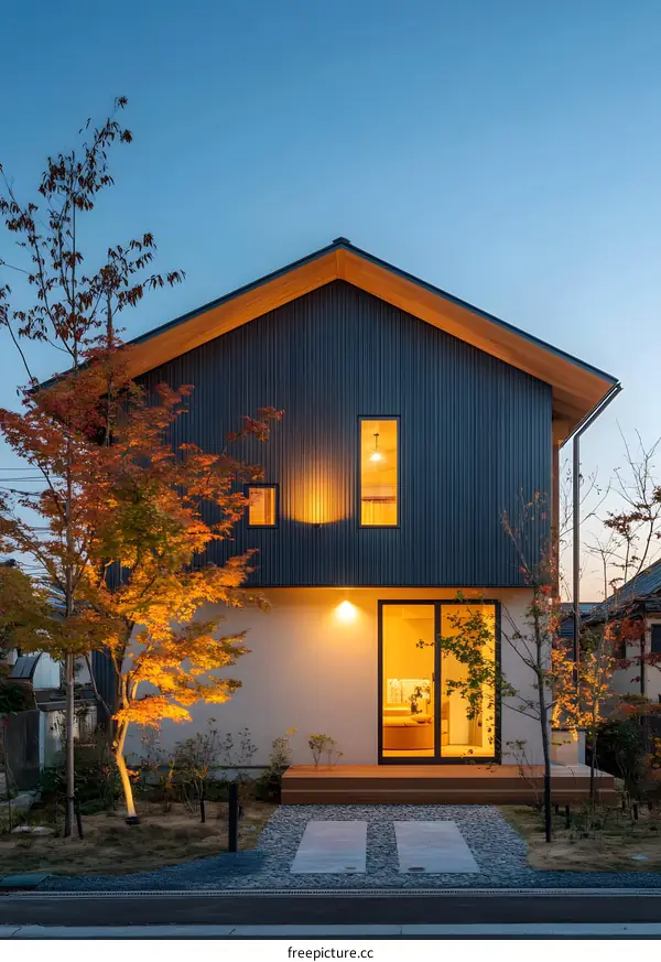Modern House with a Wooden Roof and a Glowing Interior