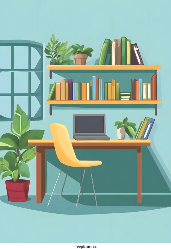 Home Office Desk With Bookshelf And Plants