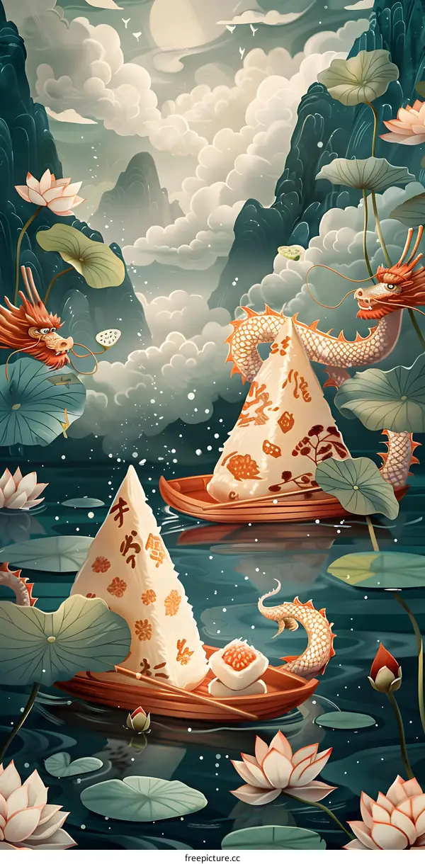 Dragon Boat Festival Rice Dumplings on a Lotus Pond