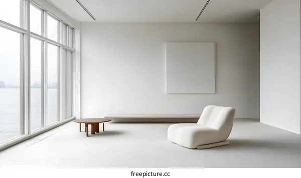 Minimalist Living Room Interior Design With White Walls And Large Windows