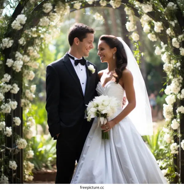 Happy Couple Under a Floral Archway