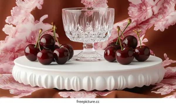 Fresh Cherries on a White Stand with a Glass Bowl