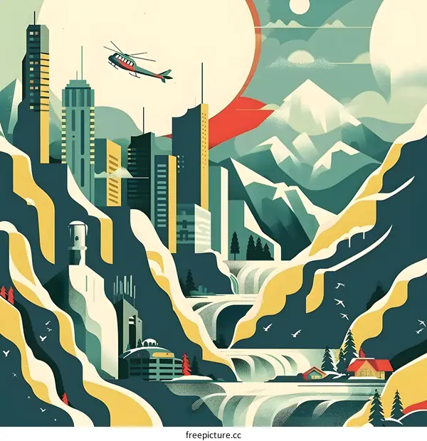 Abstract Cityscape with Waterfall and Mountains