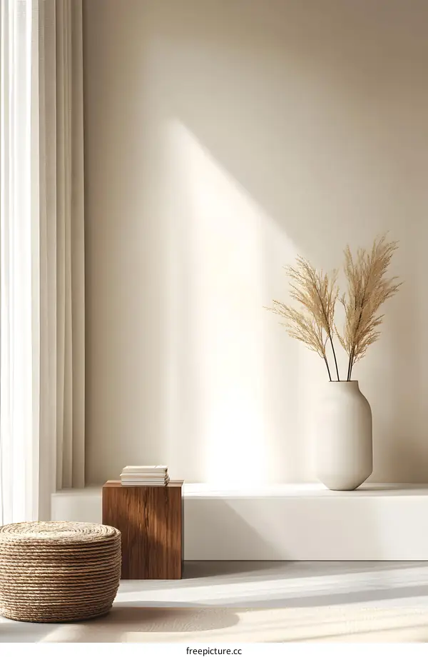 Minimalist Interior Design with Beige Wall and Dried Grass in Vase