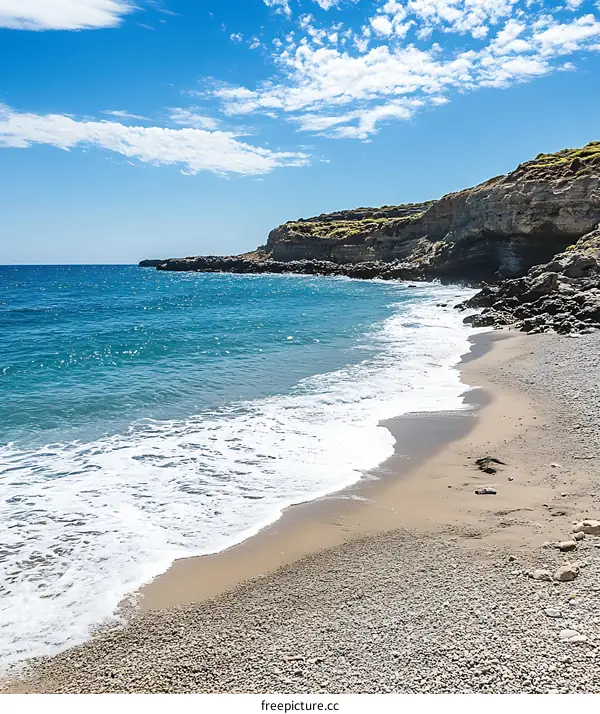 Secluded Beach with Calm Waves and Rocky Cliffs