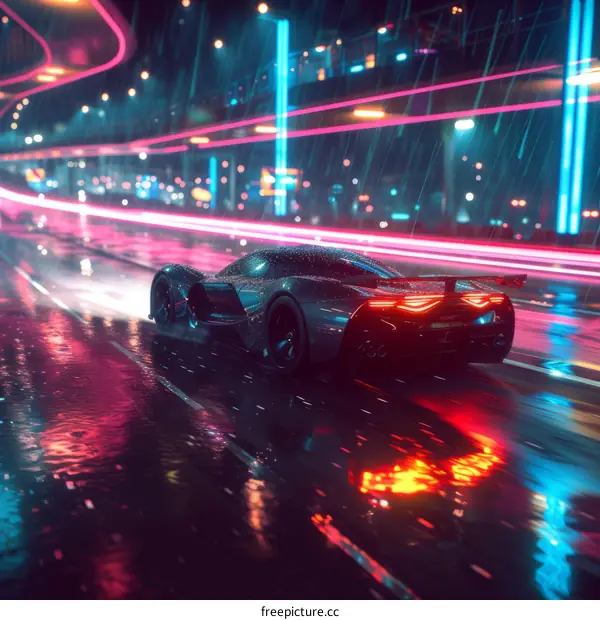 A sleek black sports car drives through a rainy city street at night, surrounded by colorful neon lights and reflections on the wet pavement.