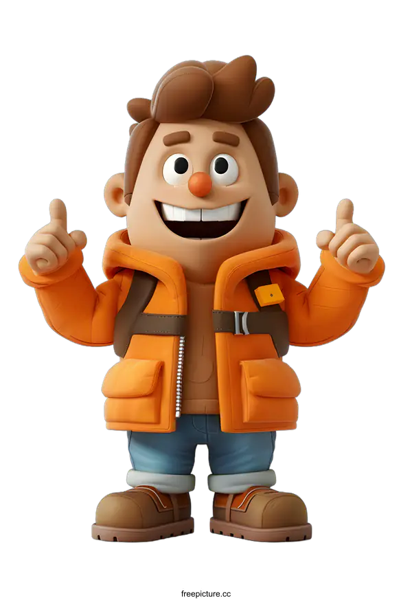 [Transparent Background PNG]3d cartoon character of a boy wearing an orange jacket