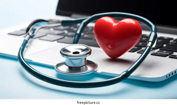 red heart and stethoscope on laptop keyboard
