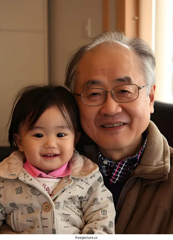 Grandfather Holding His Granddaughter Smiling At The Camera