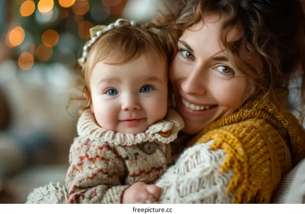 A mother is smiling at her baby