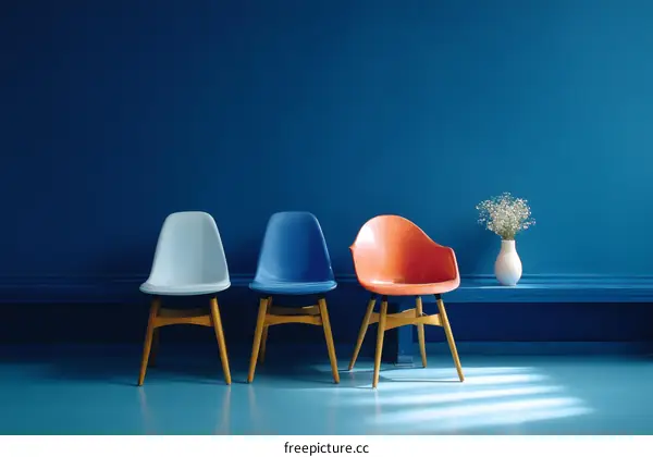 Three Colorful Chairs Against a Deep Blue Wall