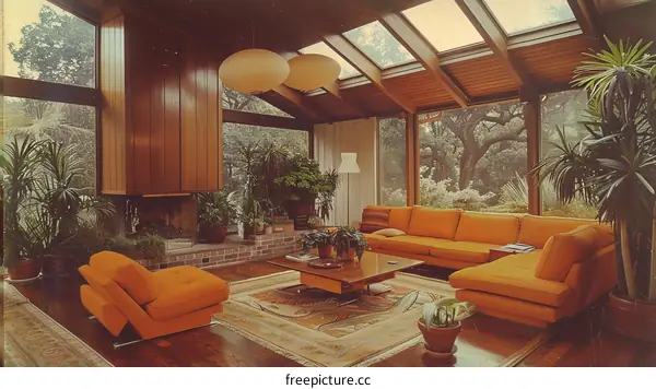 70s Home Decor with Wood Paneling and Orange Furniture