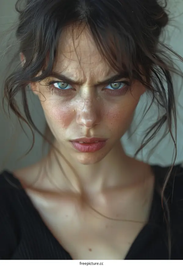 Portrait of a young woman with green eyes and dark hair