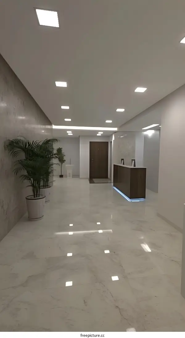 Modern White Marble Hallway With Recessed Lighting