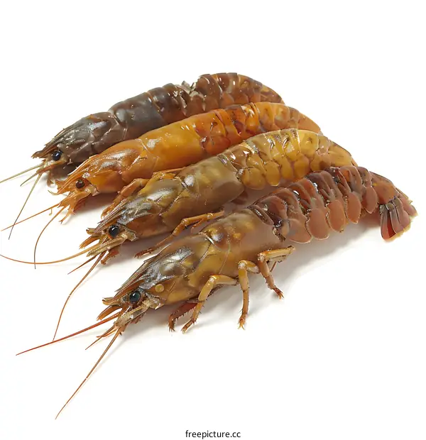 Four raw shrimps isolated on white background