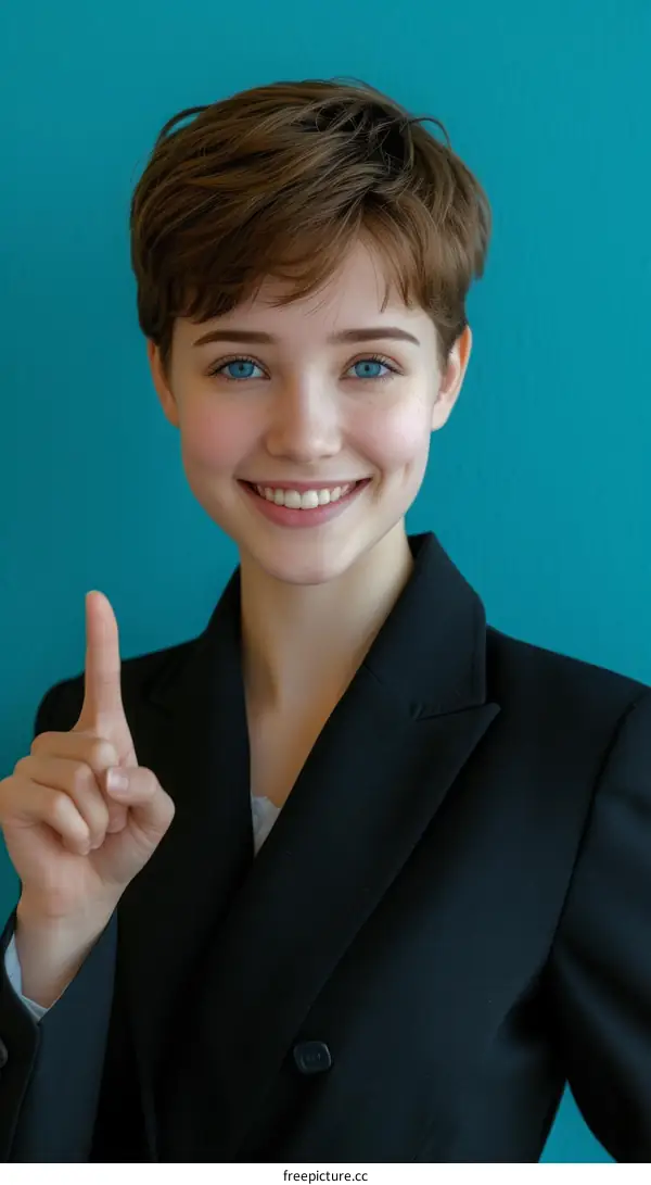 Happy Young Woman with Short Brown Hair and Blue Eyes Smiles and Points Up
