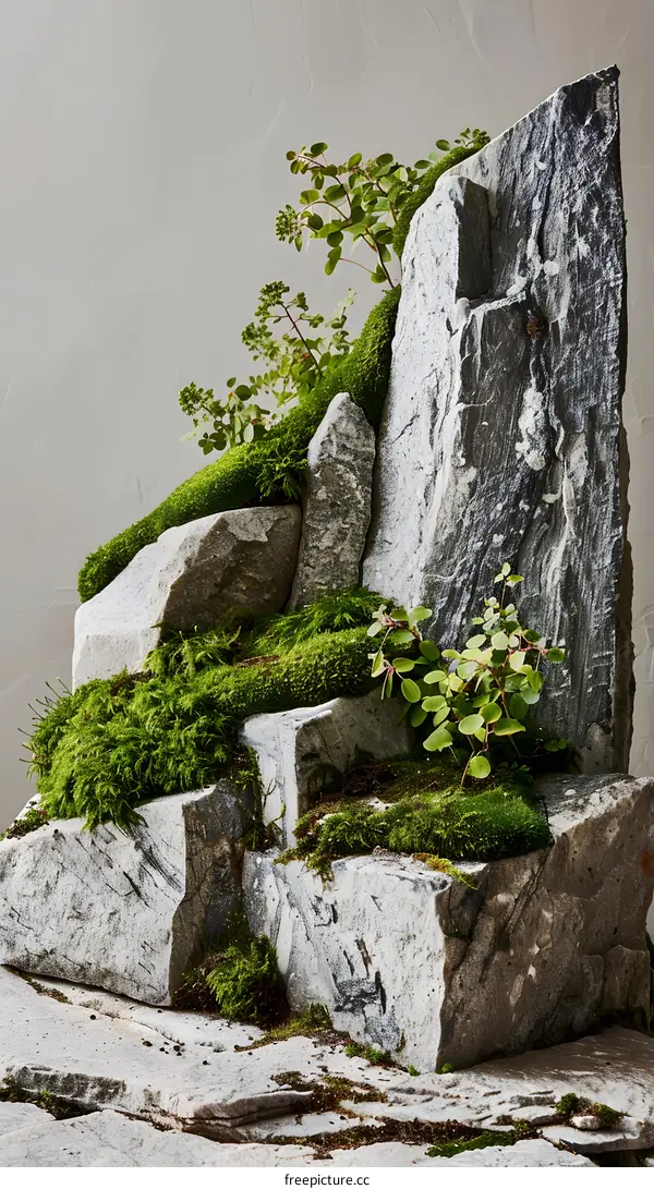 Green Moss Growing on Stones in a Minimalist Still Life