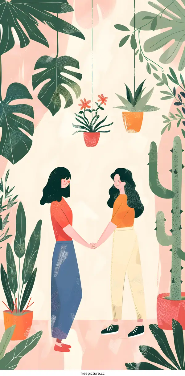 Two Women Holding Hands in a Garden Illustration