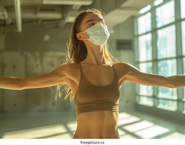 A young woman wearing a mask is dancing in a studio