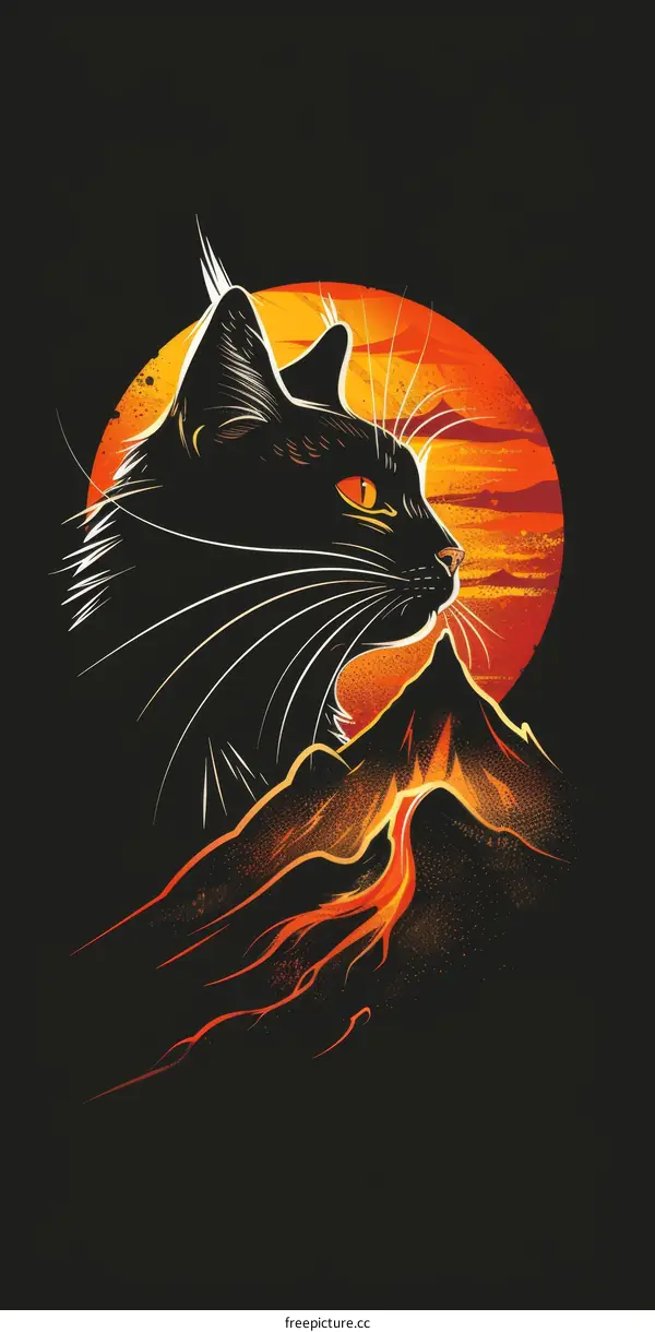 black cat with yellow eyes staring at a volcano