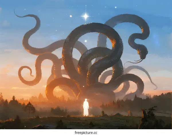 Giant Serpent in Evening Sky Over Forest with Standing Figure