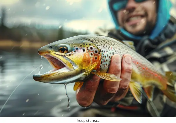 A fisherman holds a brown trout he caught in the river.