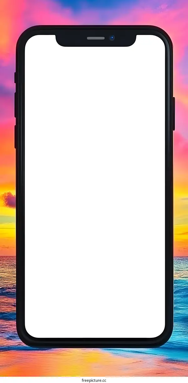 Blank Smartphone Screen Mockup on Sunset Beach Background