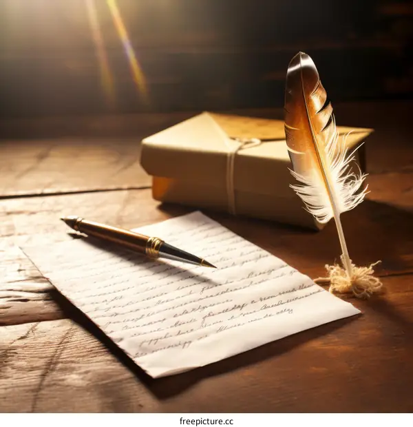 A quill pen and a fountain pen on a wooden table with a letter