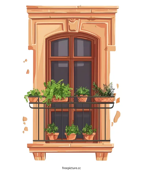 Cartoon Illustration of a Window with Balcony and Plants