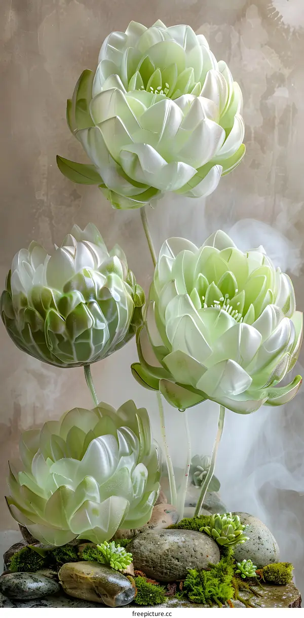 Glass Lotus Flowers in a Zen Garden Setting