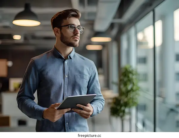 Businessman Looking Through Window While Holding Tablet