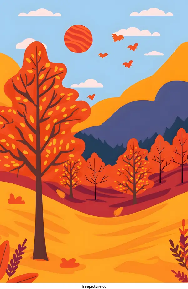 Autumn Landscape With Orange Trees