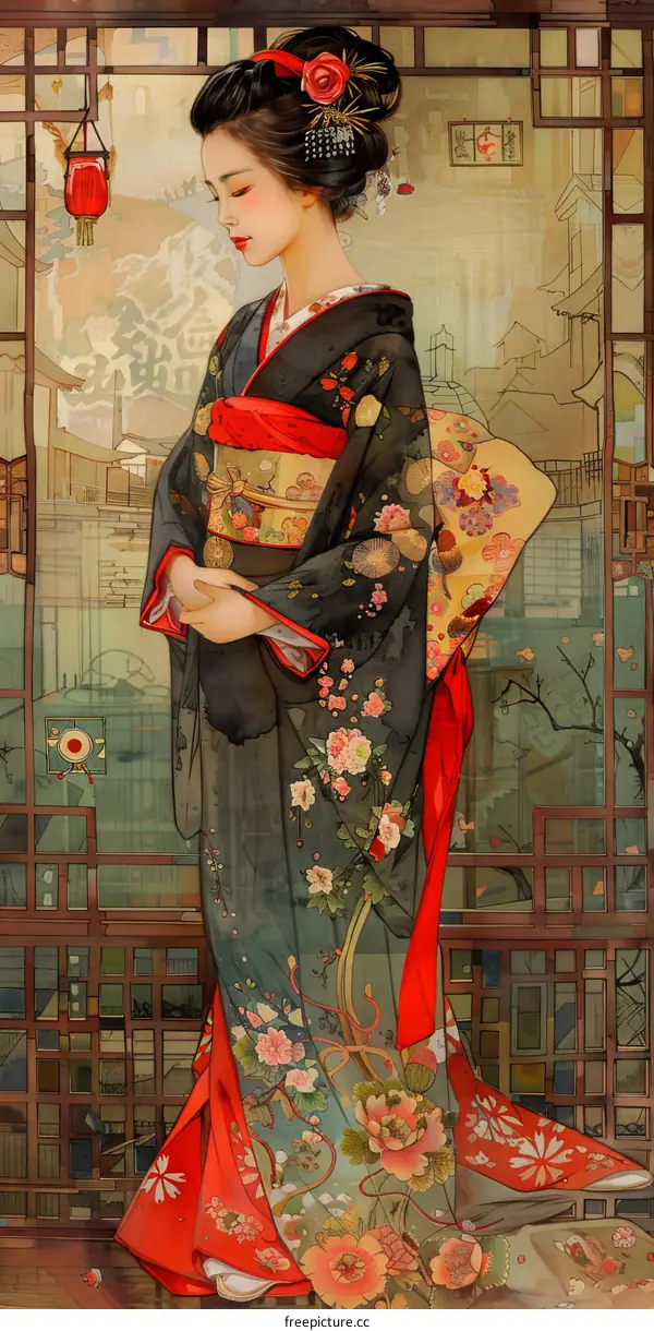 Beautiful Woman In Traditional Japanese Kimono Standing By The Window