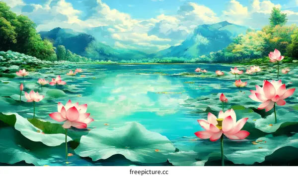 Peaceful Lotus Pond Landscape Painting