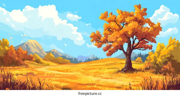 Autumn Landscape Illustration with Orange Trees and Yellow Grass