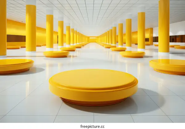 Yellow podium in the middle of a large empty hall
