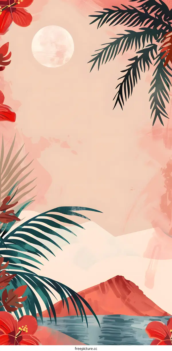 Tropical Illustration With Palm Trees Flowers and Moon