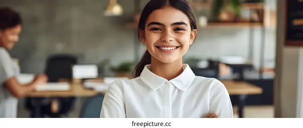 Smiling Woman with Arms Crossed in Office Setting
