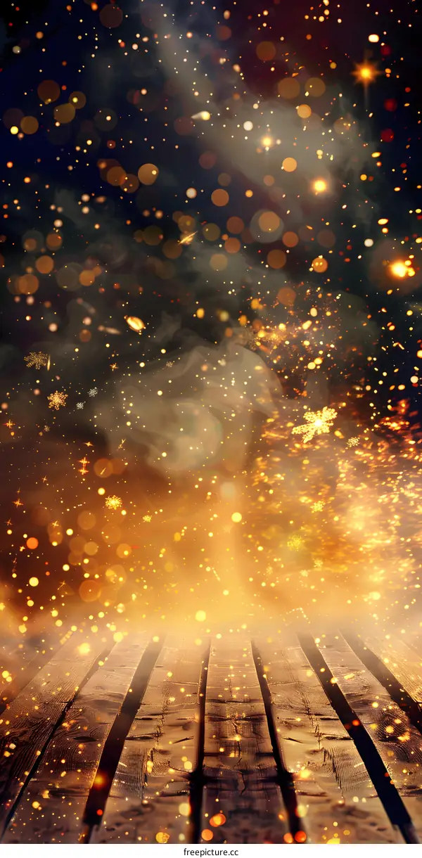 Abstract bokeh lights background with wooden planks