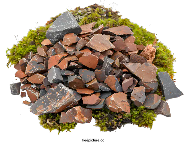 [Transparent Background PNG]Pile of Broken Rocks and Moss on White Background